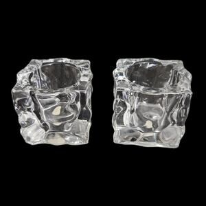 Vintage Pair Clear Ice Cube Glass Votive Candle Holders 2.5" Modern Decor